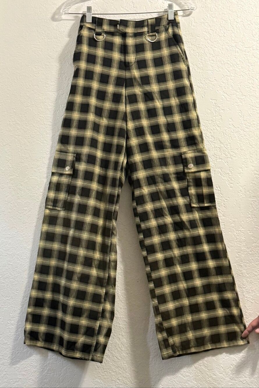 Hot Topic Wide Leg Cargo Pants Yellow Plaid Grunge Goth Emo Sz XS